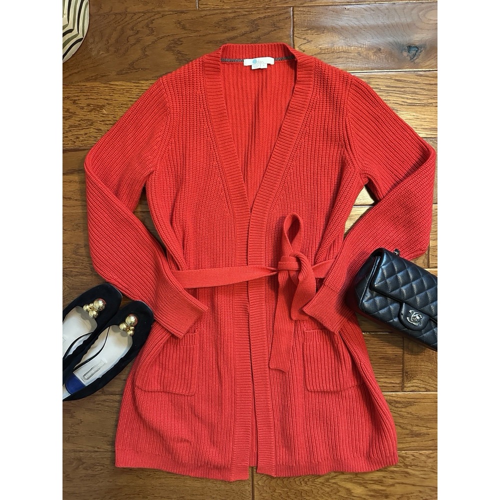 Boden Red Ribbed Belted Cardigan Sweater Wool Cashmere Blend Pockets Size S